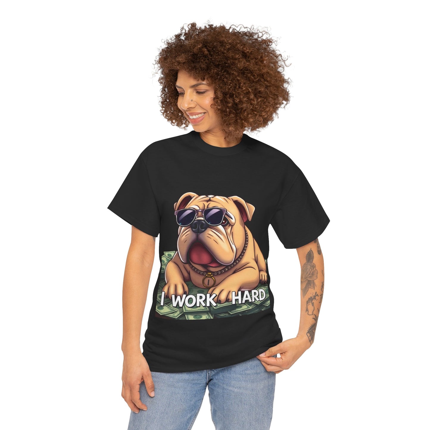 Awesome "I Work Hard" English Bulldog- Exclusive T-Shirt - Pets Bargains