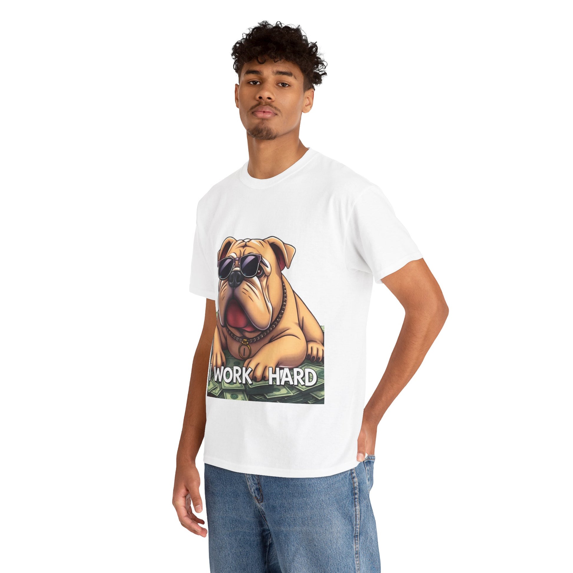Awesome "I Work Hard" English Bulldog- Exclusive T-Shirt - Pets Bargains