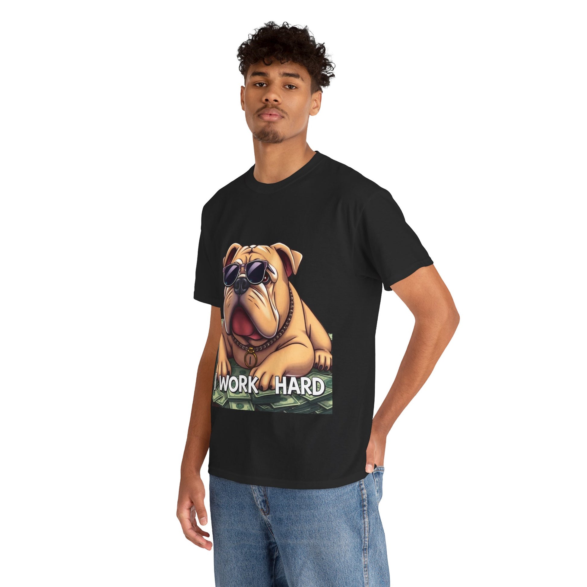 Awesome "I Work Hard" English Bulldog- Exclusive T-Shirt - Pets Bargains